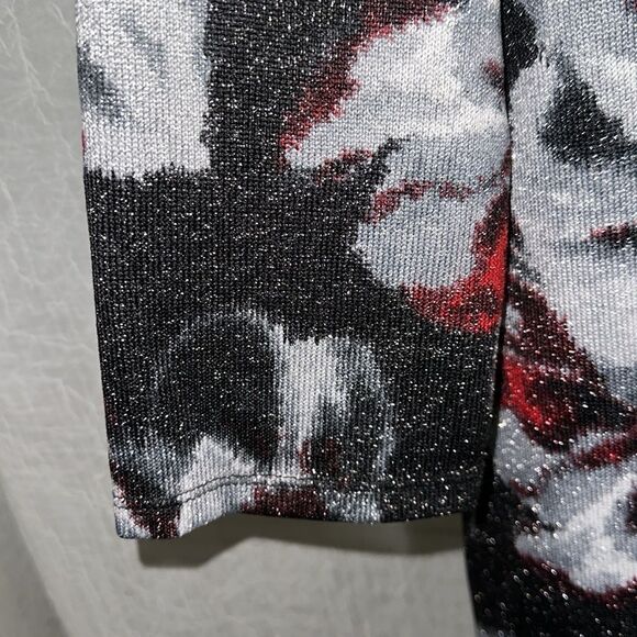 Chico’s 1 M Black Silver Metallic Red Burgundy Floral Quarter Sleeve Sweater - Picture 6 of 11